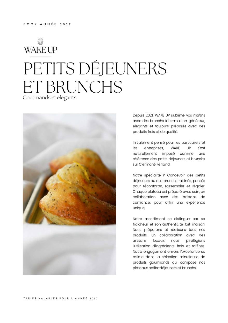 Couverture du book WAKE UP 2027 « Petits déjeuners et brunchs, gourmands et élégants », avec une photo de madeleines citron et pavot